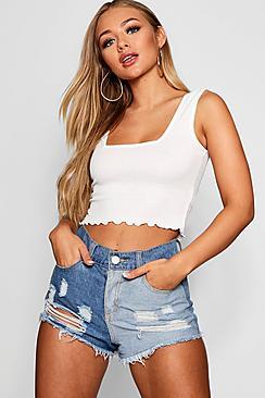 Boohoo Lilly Square Neck Lettuce Hem Rib Crop