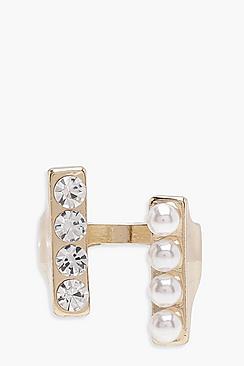 Boohoo Lola Faux Pearl And Diamante Double Bar Rings