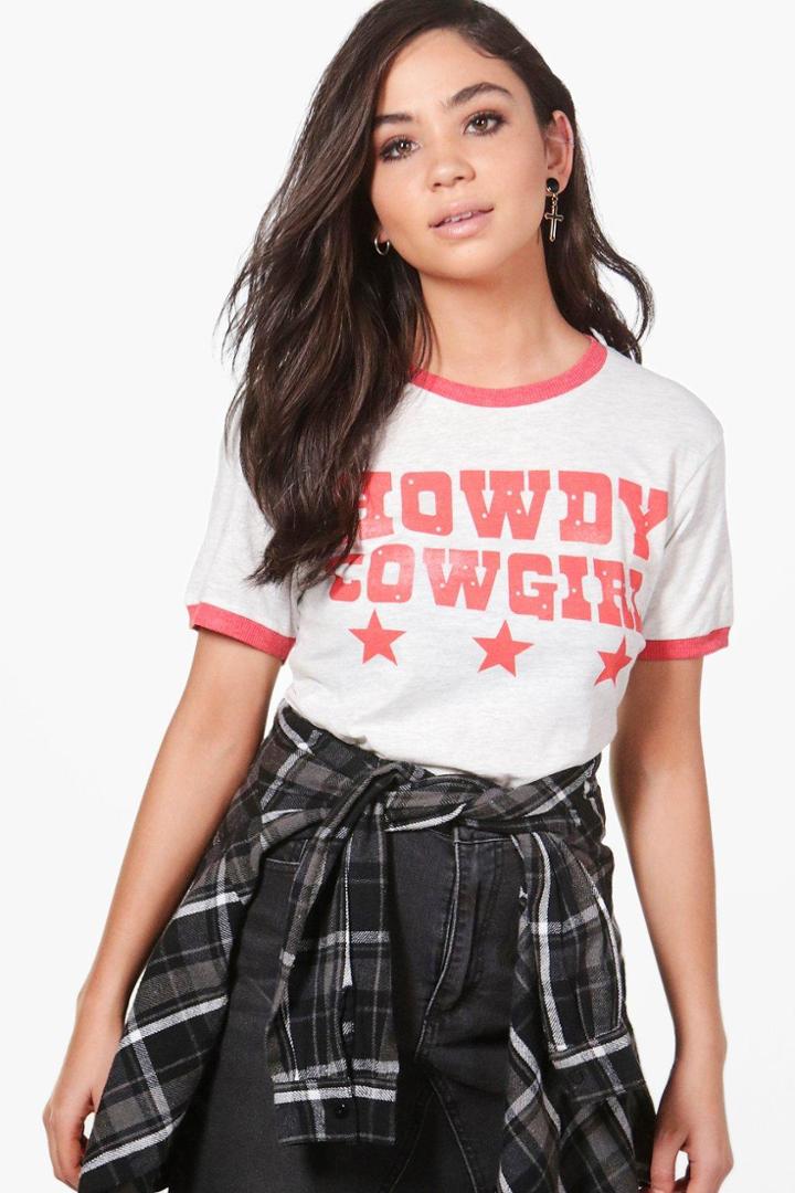 Boohoo Aimee Cowgirl Slogan T-shirt Oatmeal