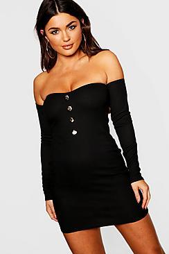 Boohoo Rib Knit Button Front Bardot Dress