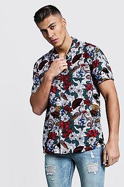 Boohoo Japanese Print Short Sleeve Revere Viscose Shirt