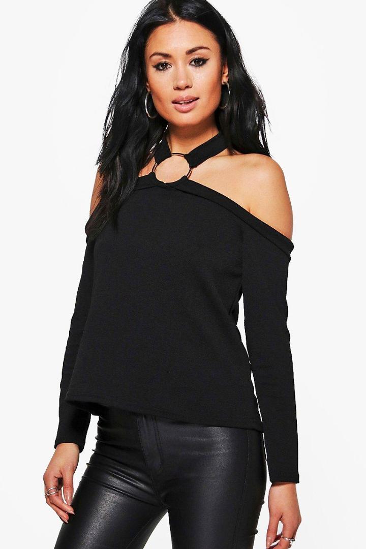 Boohoo Nadia Halterneck Cold Shoulder Ring Detail Top Black