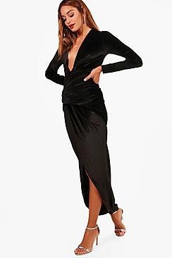 Boohoo Claire Velvet Ruched Detail Maxi Dress