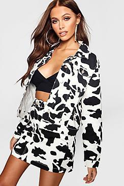 Boohoo Ash Cow Print Cropped Denim Jacket