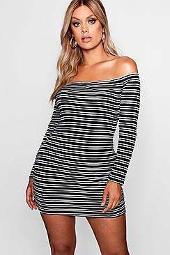 Boohoo Plus Lucy Striped Off The Shoulder Dress