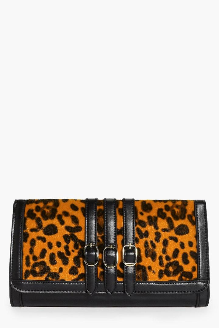 Boohoo Katie Faux Leopard Pony Clutch Bag Black