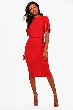 Boohoo Jane Split Sleeve Tie Waist Wiggle Midi Dress