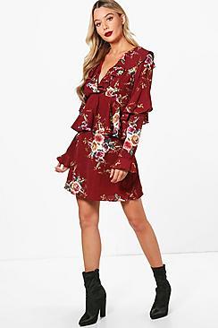 Boohoo Deja Ruffle Detail Floral Woven Tea Dress