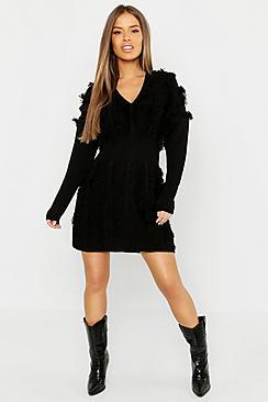 Boohoo Petite Fringe Plunge Knitted Dress