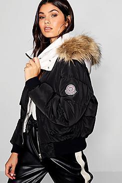 Boohoo Contrast Hood Faux Fur Trim Puffer Jacket
