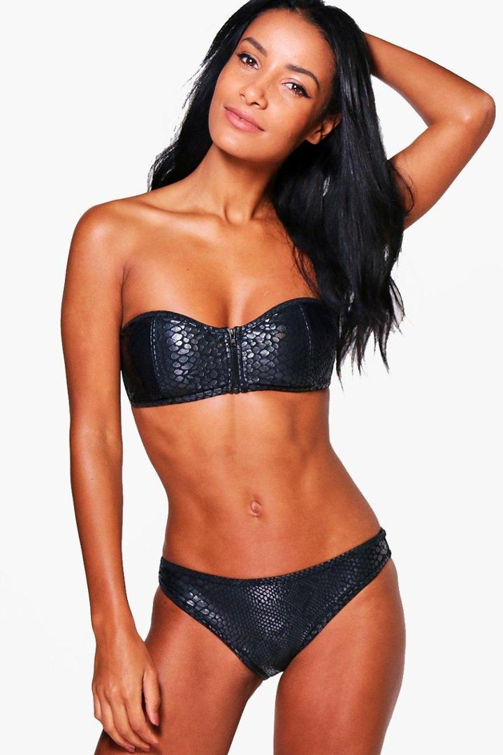 Boohoo Maldives Textured Zip Bandeau Bikini Black