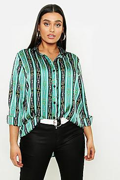 Boohoo Plus Stripe Chain Print Satin Shirt