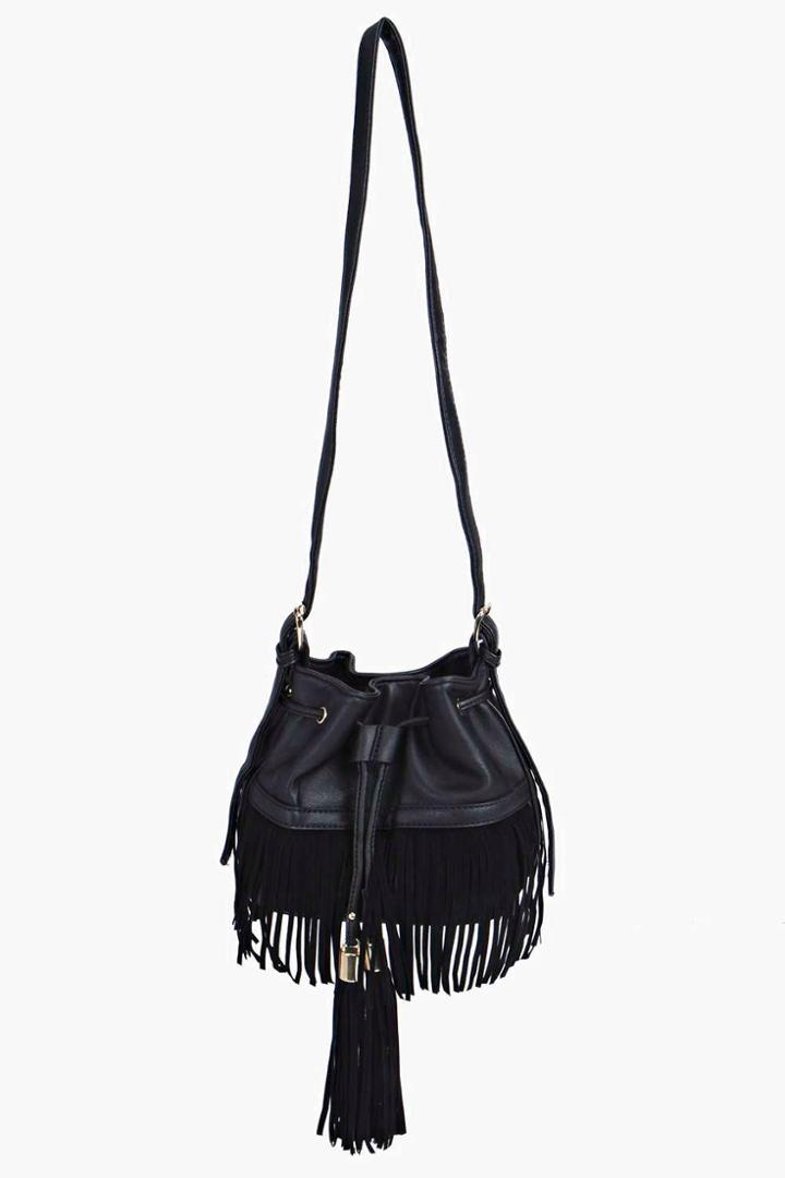 Boohoo Sofia Fringed Tassel Duffle Bag Black
