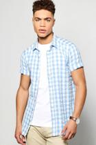 Boohoo Seersucker Gingham Short Sleeve Shirt Blue