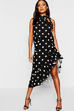 Boohoo Polka Dot Ruffle Midi Skirt + High Neck Top Co-ord