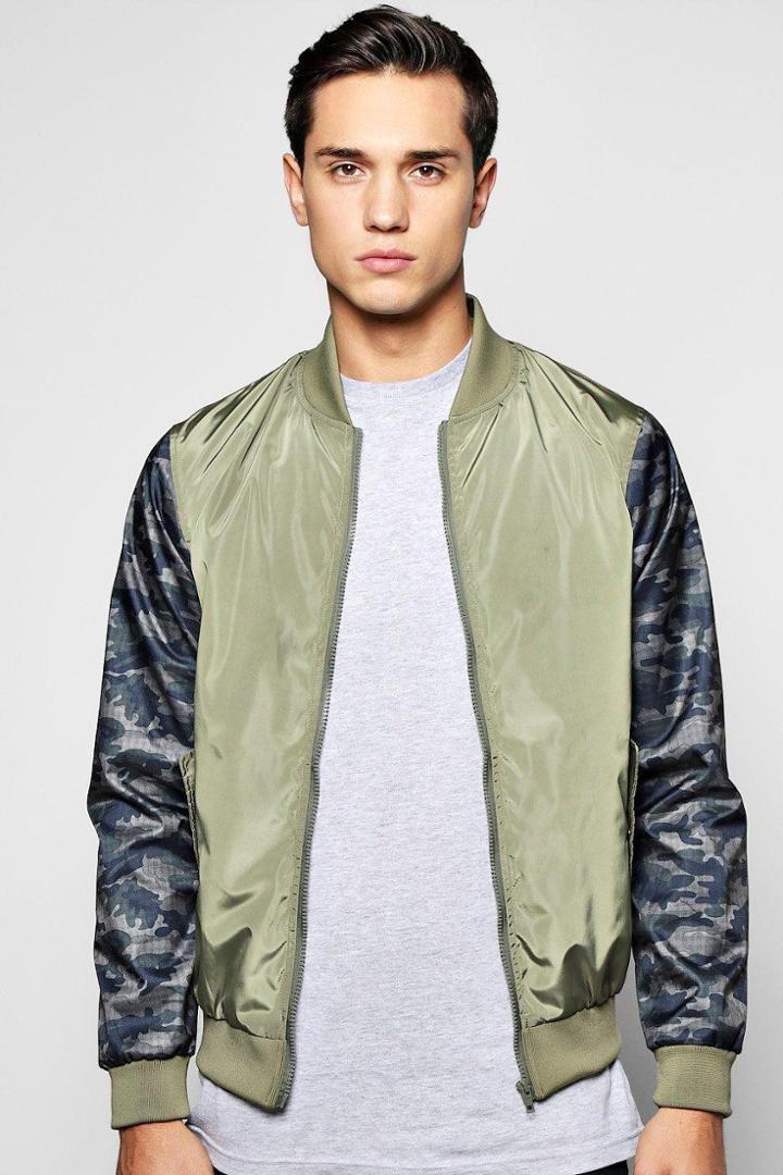 Boohoo Lined Nylon Ma1 Bomber Jacket With Camo Sleeves Khaki