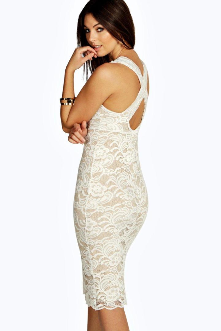 Boohoo Iona Lace Plunge Cross Back Midi Dress Ivory