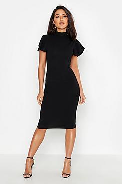 Boohoo High Neck Frill Sleeve Midi Dress