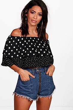 Boohoo Skye Mixed Polka Spot Off The Shoulder Top