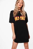 Boohoo Lylo Wild Child Flame Print T-shirt Dress Black