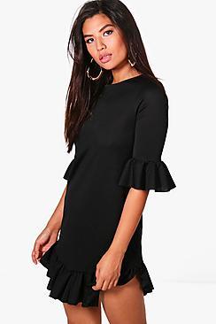 Boohoo Kia Curved Ruffle Hem & Sleeve Shift Dress