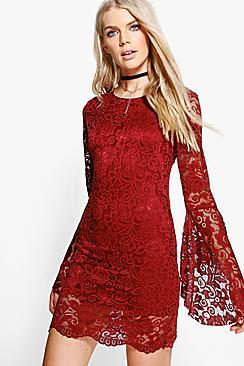Boohoo Ruby Flare Sleeve Lace Shift Dress