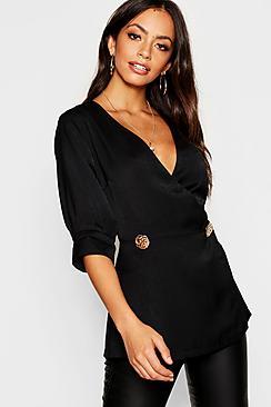 Boohoo Button Front Wrap Blouse