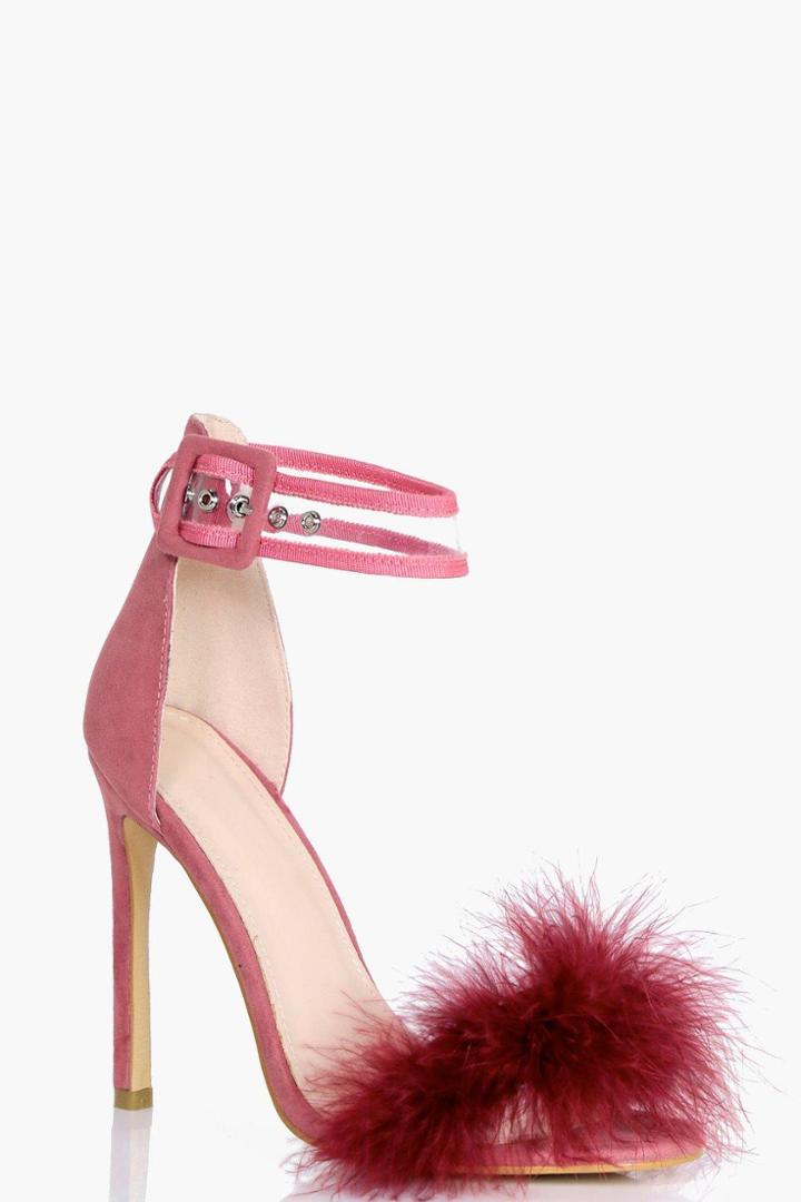 Boohoo Zoe Feather Trim 2 Part Heel Blush