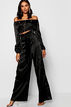 Boohoo Satin Paperbag Utility Wide Leg Trousers