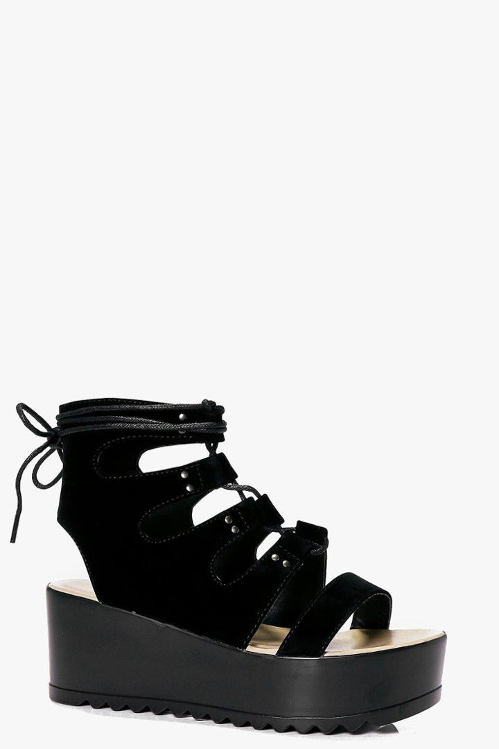 Boohoo Carla Ghillie Lace Up Flatform Wedge Black