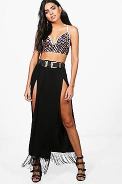 Boohoo Brooklyn Tassle Trim Double Thigh Split Maxi Skirt