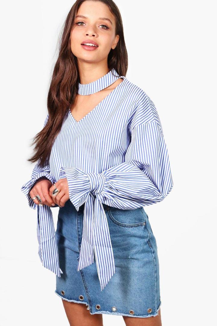 Boohoo Amelia Stripe Choker Blouse Multi