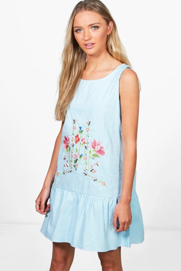 Boohoo Emilie Embroidered Smock Dress Bluebell