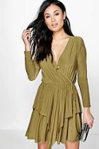 Boohoo Sofia Slinky Peplum Wrap Skater Dress