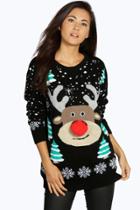 Boohoo Niamh Pom Pom Reindeer Christmas Jumper Black