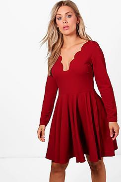 Boohoo Plus Nadine Long Sleeved Scallop Plunge Skater Dress