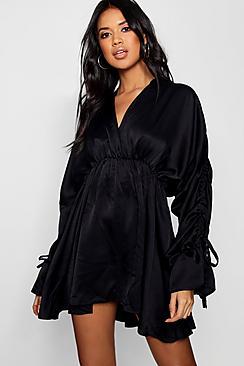 Boohoo Boutique Satin Ruched Sleeve Skater Dress