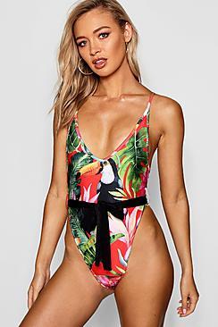 Boohoo Rio Tropical Waist Belt Swimsuit