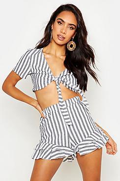 Boohoo Ruffle Hem Linen Stripe Shorts