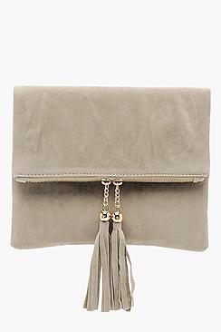 Boohoo Double Tassel Foldover Clutch & Chain