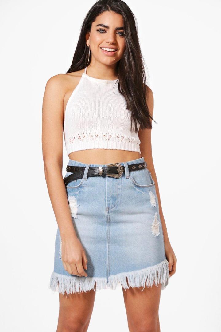 Boohoo Helen Fray Hem Distressed Denim Skirt Blue