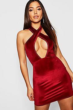 Boohoo Cross Front Velvet Bodycon Dress