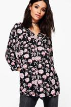 Boohoo Maria Rose Print Oversized Shirt Black