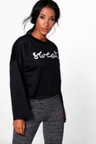 Boohoo Maya Fit Running Crop Slogan Sweat Black