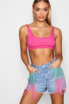 Boohoo Fiona Fringe Detail Denim Mom Shorts