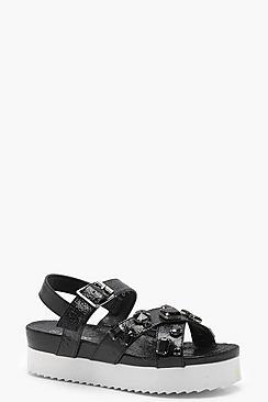Boohoo Jessica Embellished Cross Strap Flatform Sandals