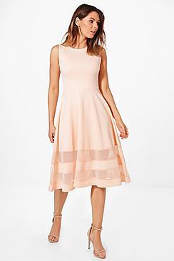 Boohoo Mesh Insert Hem Midi Skater Dress