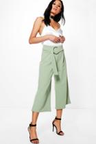 Boohoo Livy O Ring Tie Waist Crepe Culottes Sage