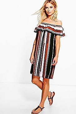 Boohoo Striped Off The Shoulder Dress