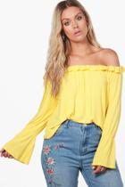 Boohoo Plus Holly Ruffle Flared Sleeve Off The Shoulder Top Yellow